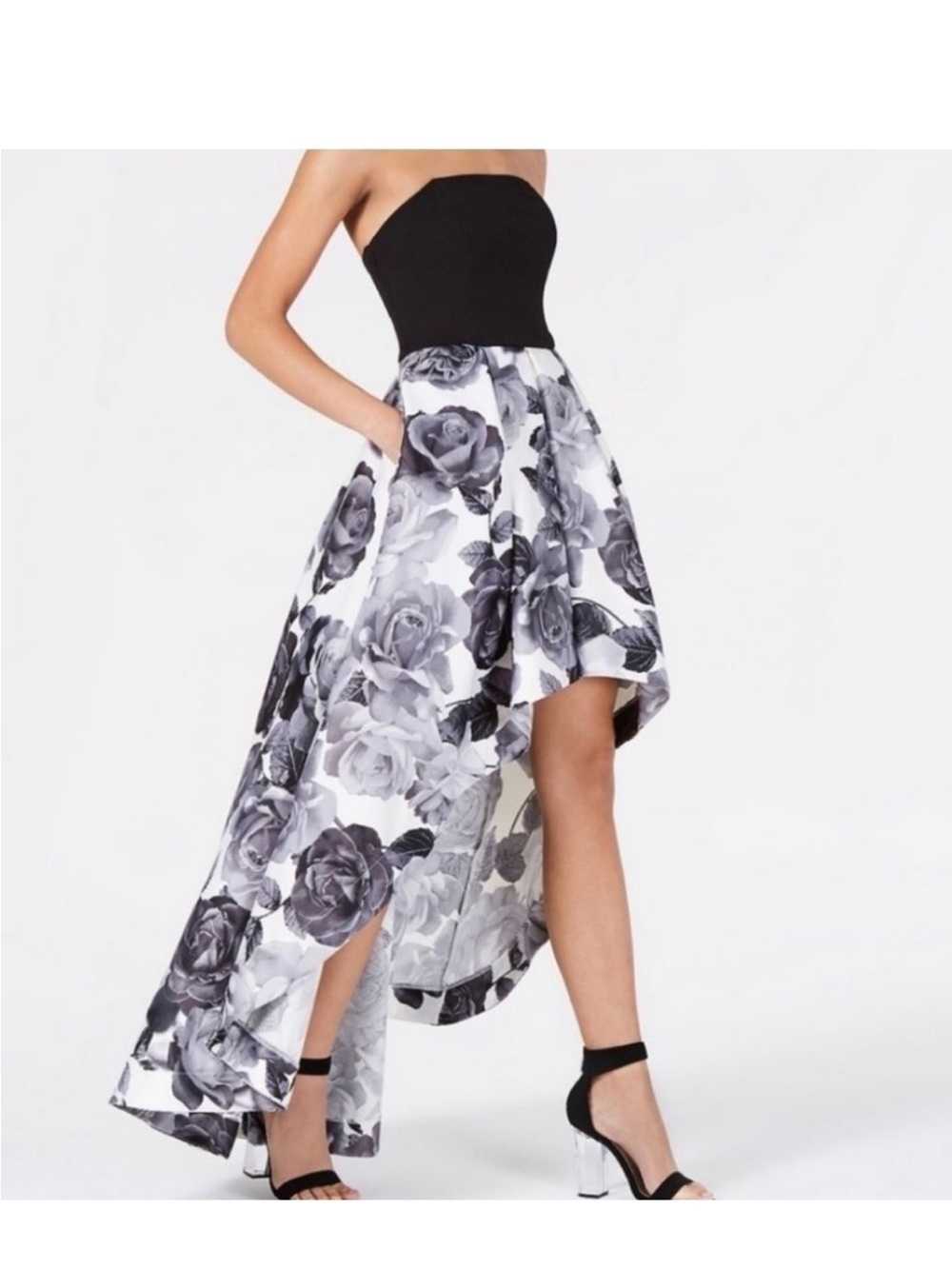 Speechless Black Strapless Bodice with Gray Floral High-Low Skirt